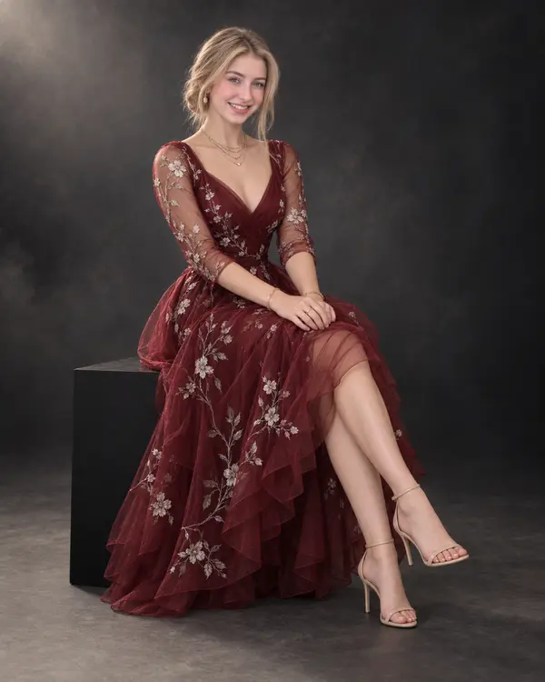 Burgundy Gown Studio Fashion Portrait