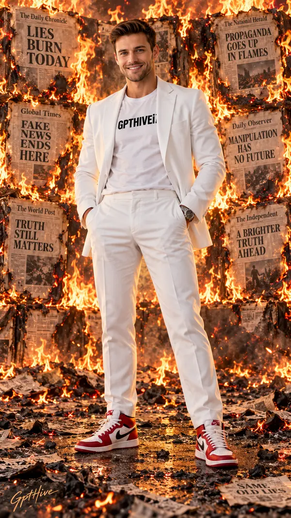 Young Man White Suit Burning Newspapers Cinematic