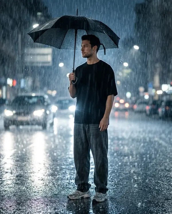 Young man with umbrella rainy night street