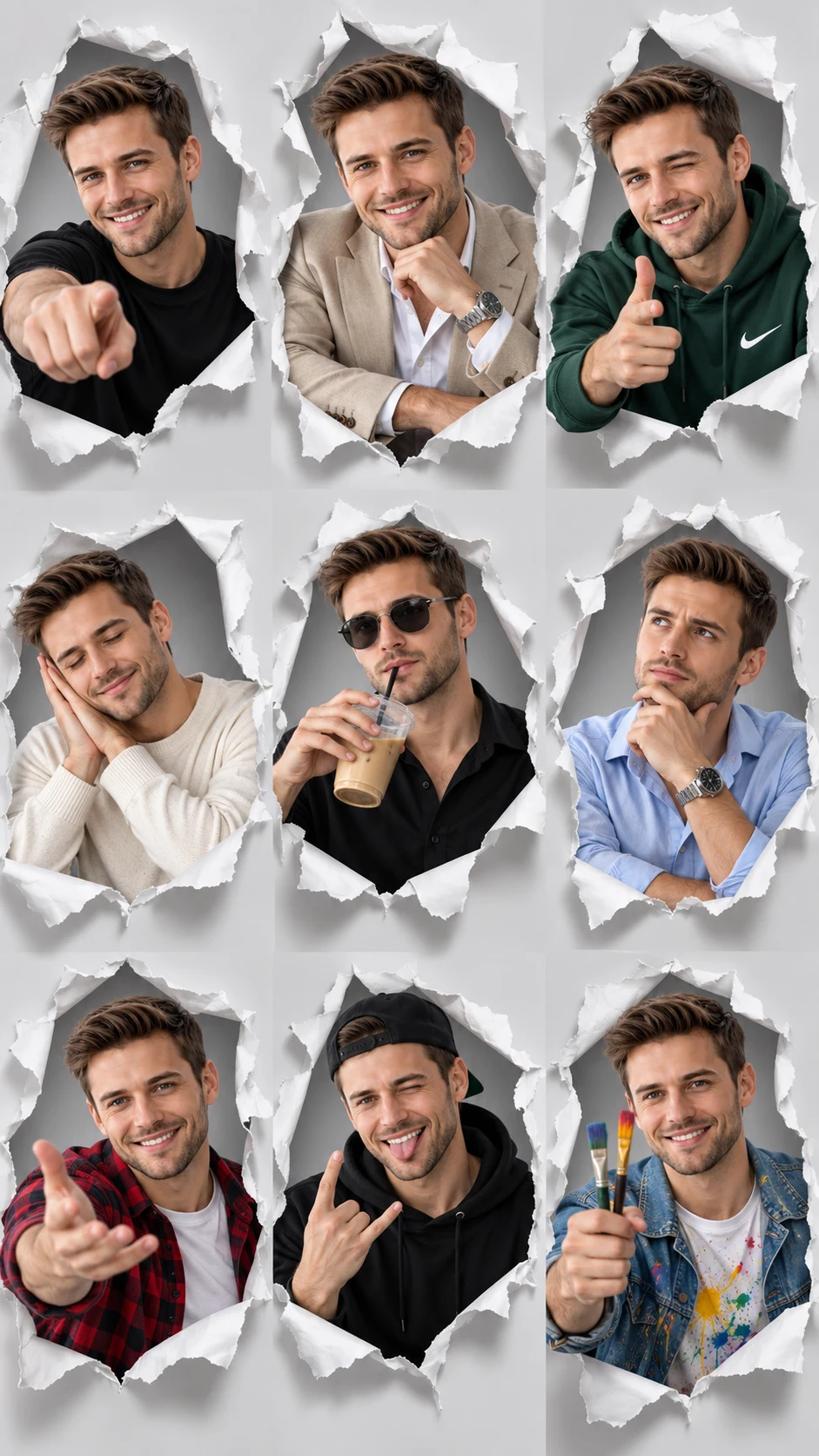 Man in 3x3 Studio Expression Grid Collage image 1