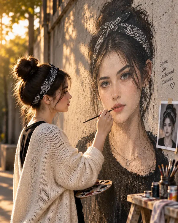 East Asian Artist Painting Self-Portrait Mural