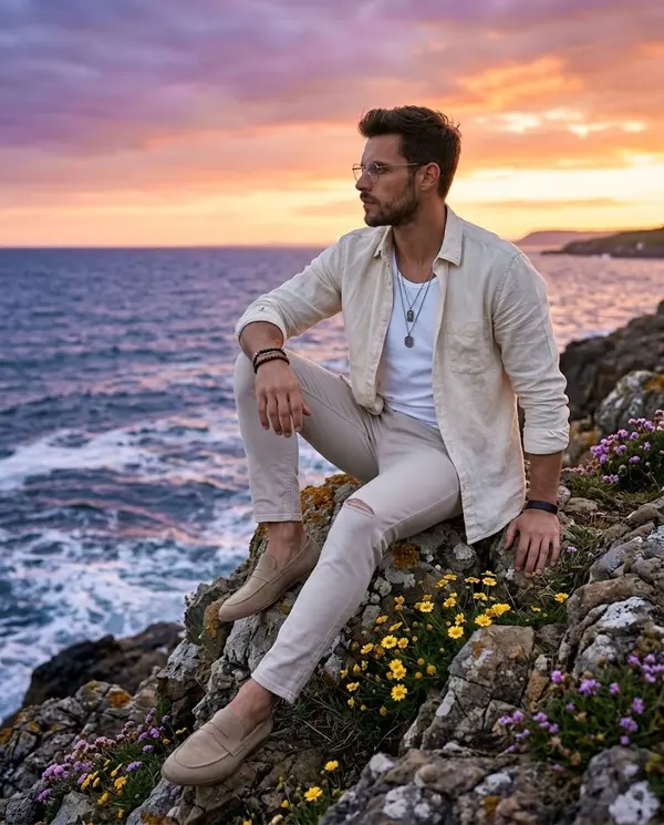 Cinematic coastal lifestyle portrait golden hour