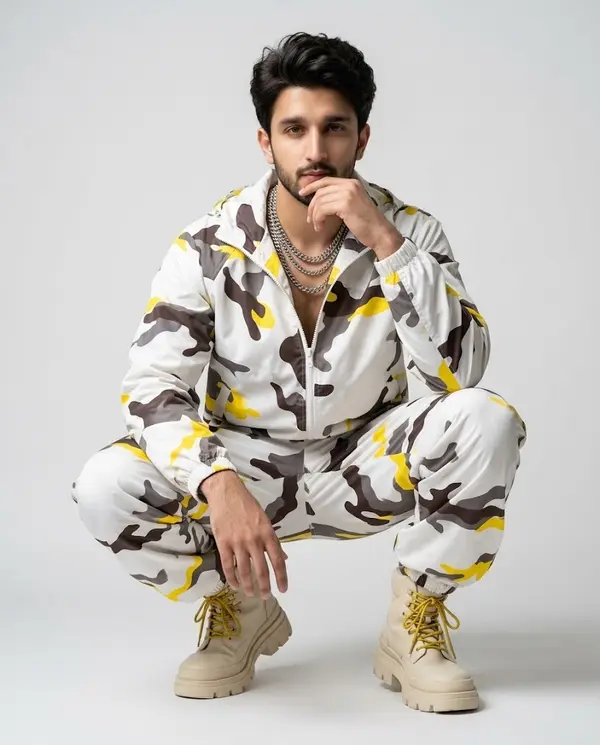 Ultra-realistic fashion portrait in studio squat pose