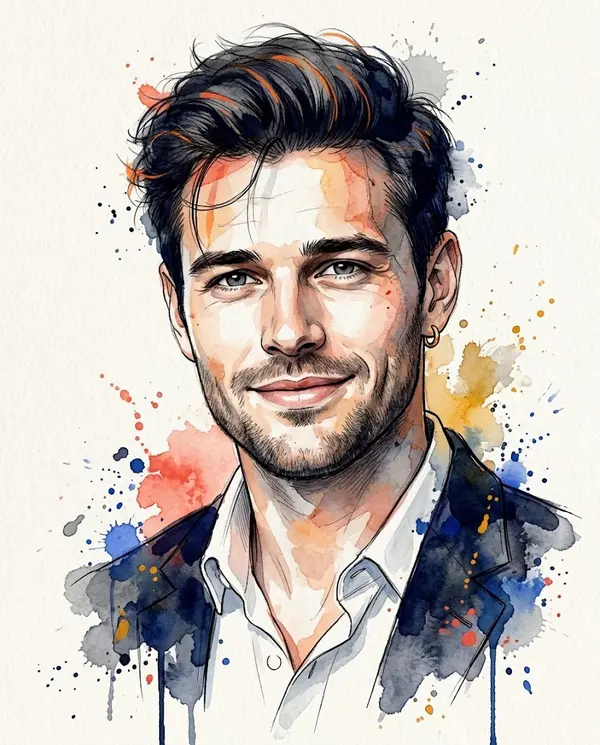 Watercolor mixed-media portrait with dynamic splashes