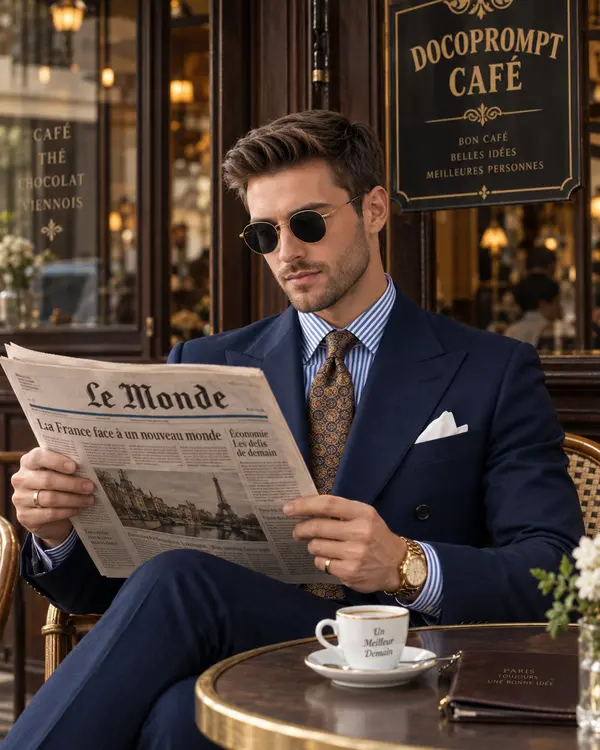 Elegant Man Reading at Parisian Café