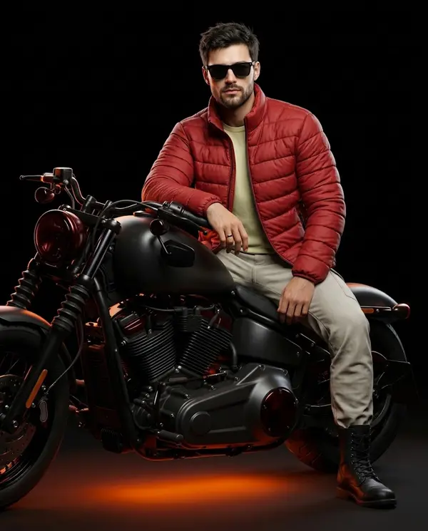 Ultra-realistic male biker portrait studio render