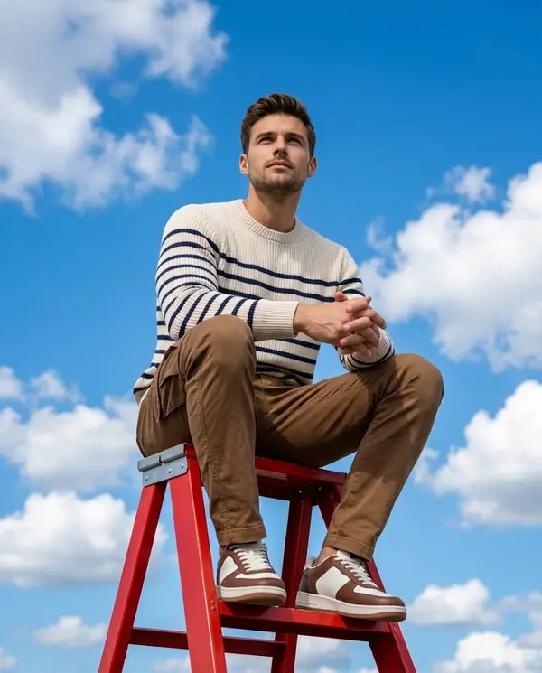 Contemplative portrait on red ladder beneath sky