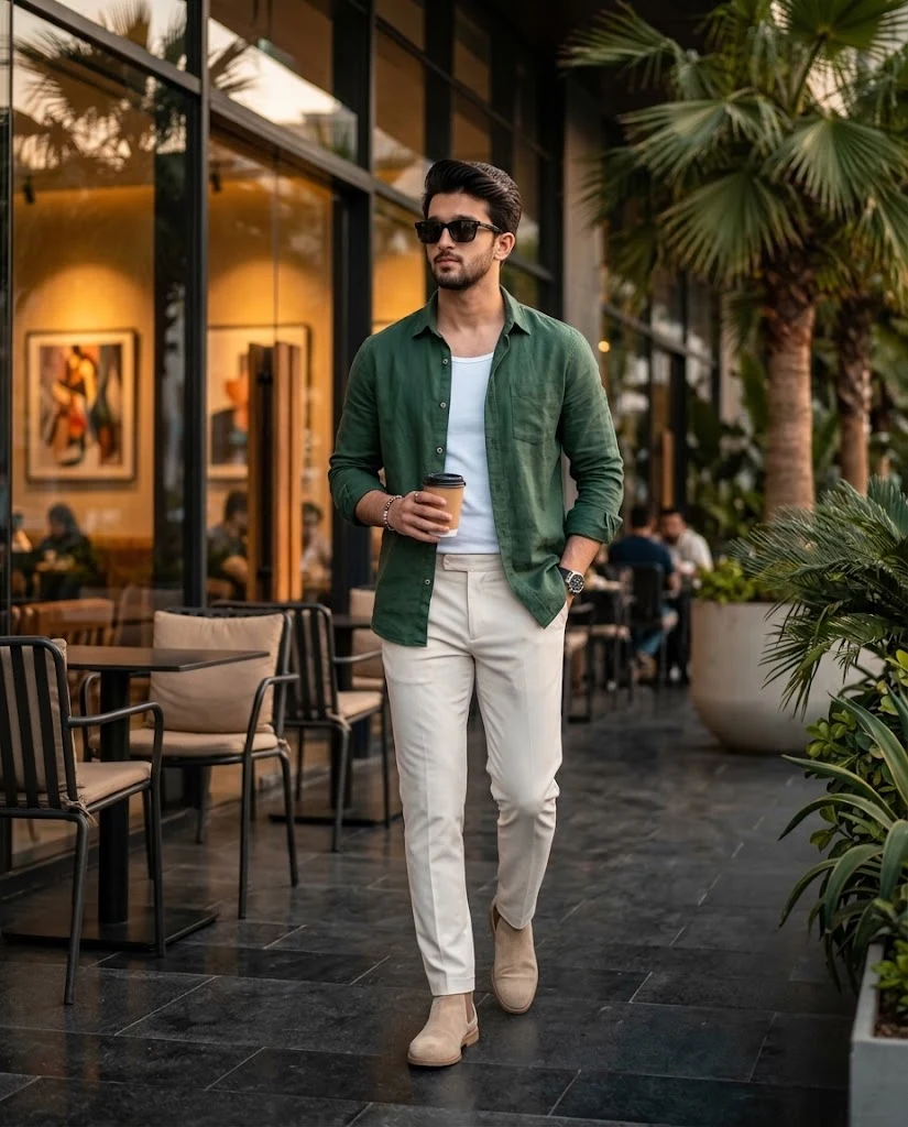 Luxury Fashion Man Walking Café Golden Hour image 1