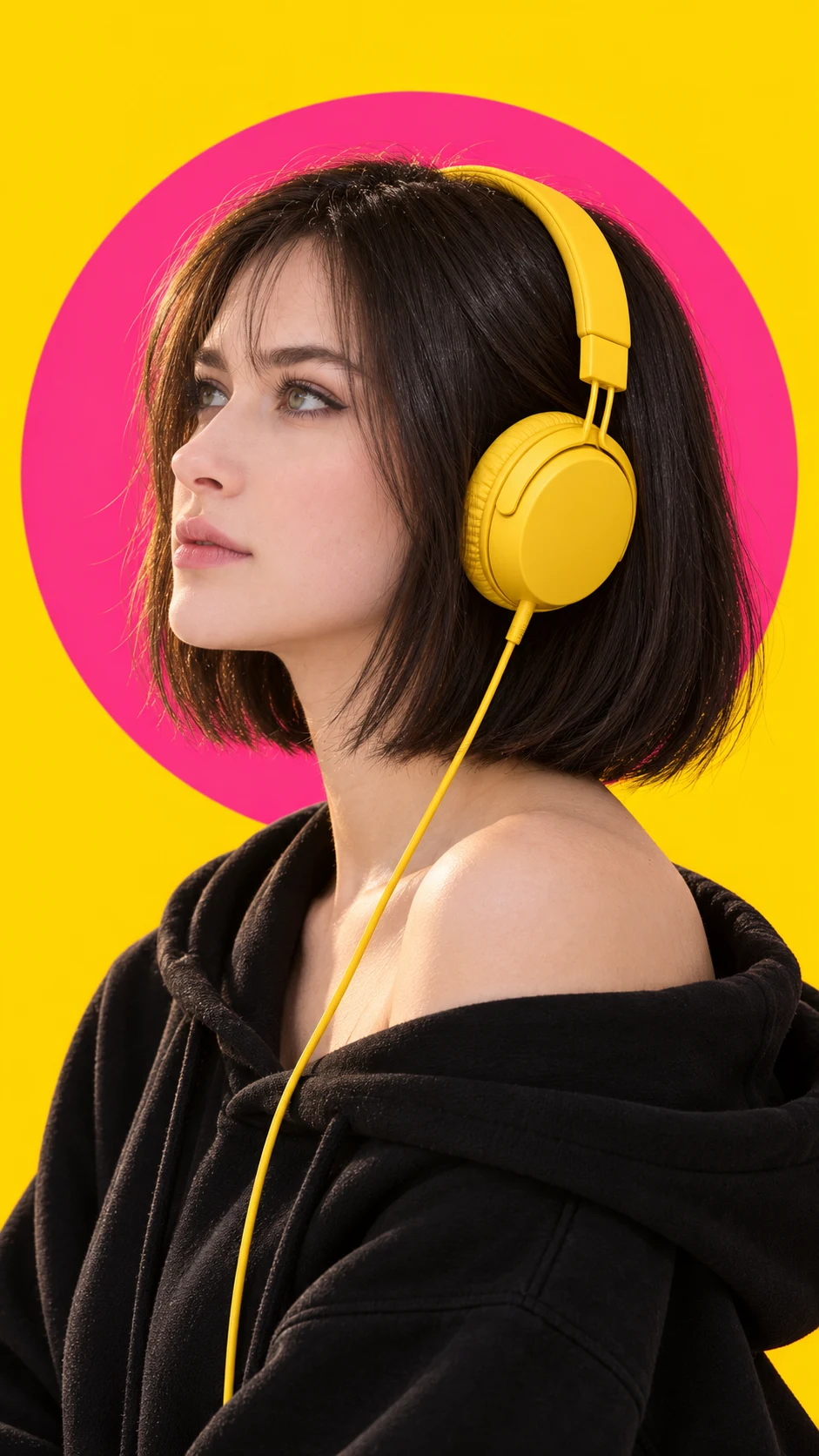 Modern pop-art portrait with headphones yellow background image 1