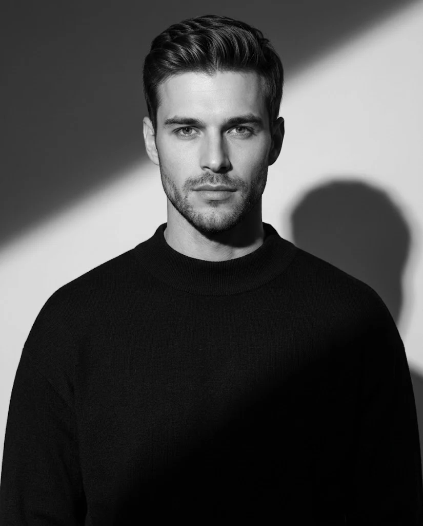 Monochrome editorial portrait with sculptural lighting image 1