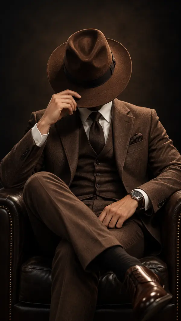 Man in Brown Suit Studio Portrait Obscured