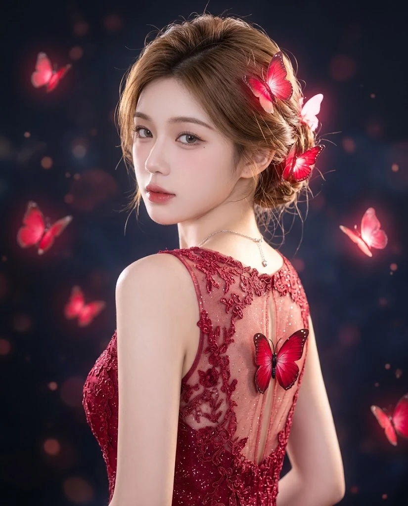 Elegant Portrait with Crimson Butterfly Accessories image 1
