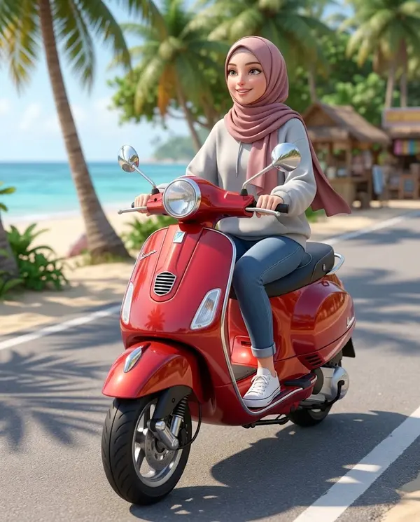 Young woman on red Vespa scooter beach