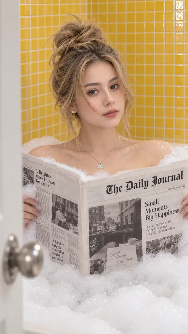 Editorial bathtub portrait with newspaper and bubbles
