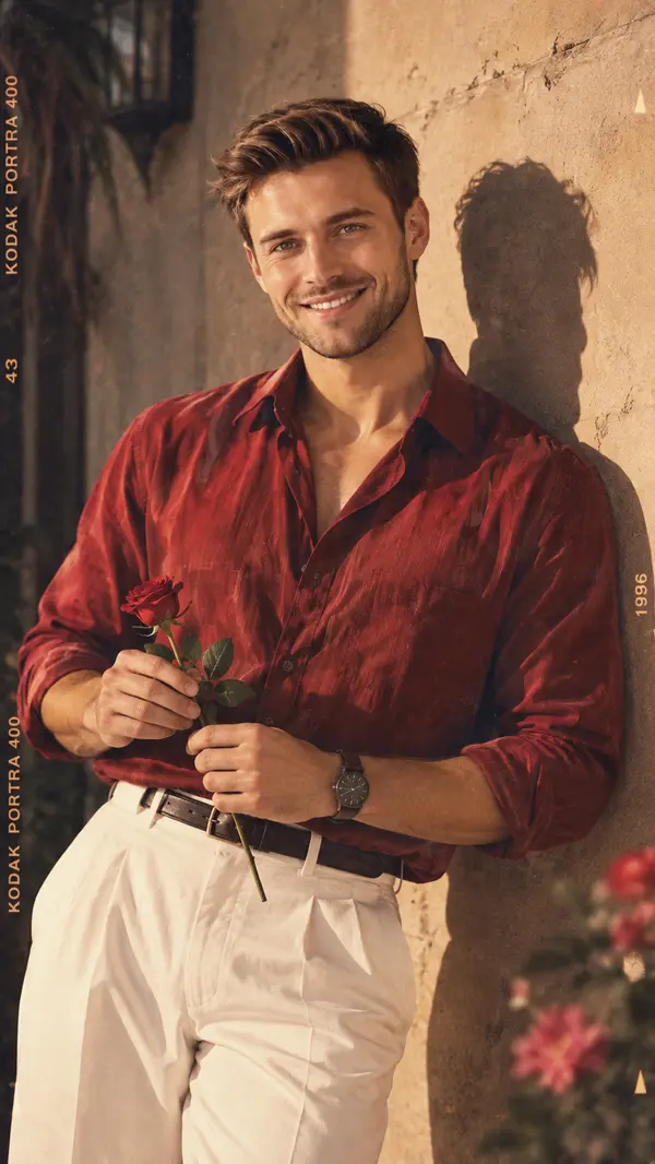 Stylish man 90s retro cinematic portrait rose