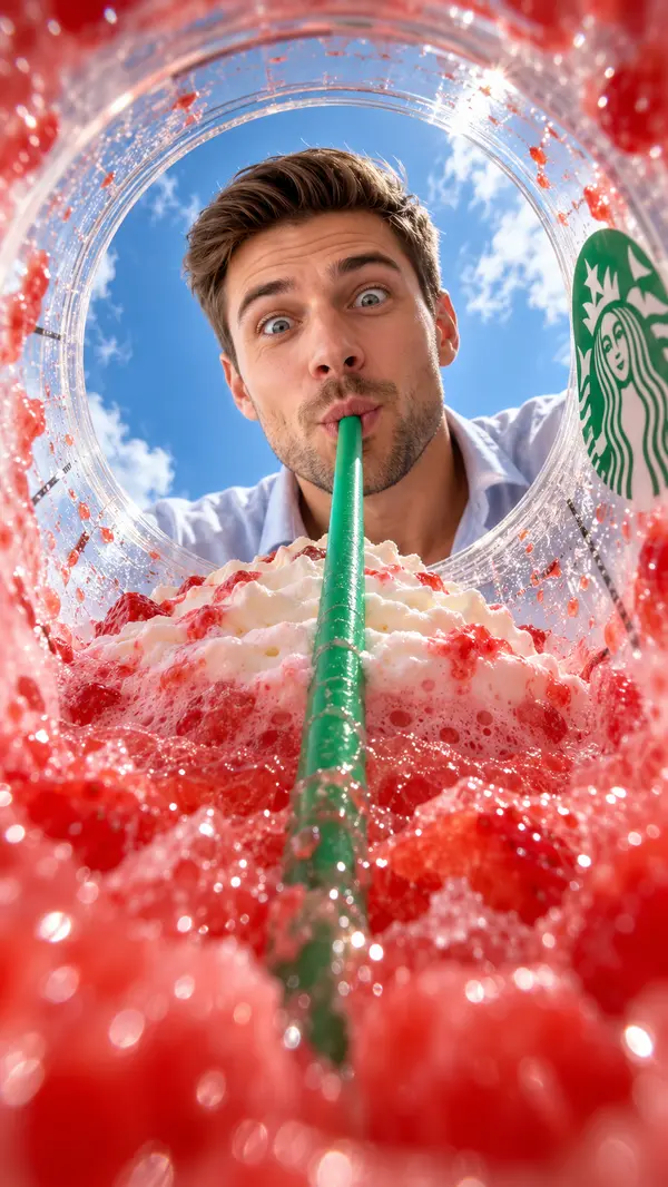 Man in Strawberry Frappuccino Fisheye View