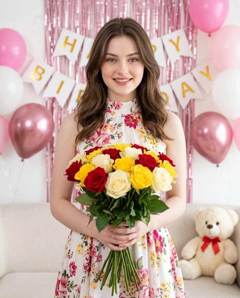 Ultra-realistic Birthday Portrait with Rose Bouquet image 1