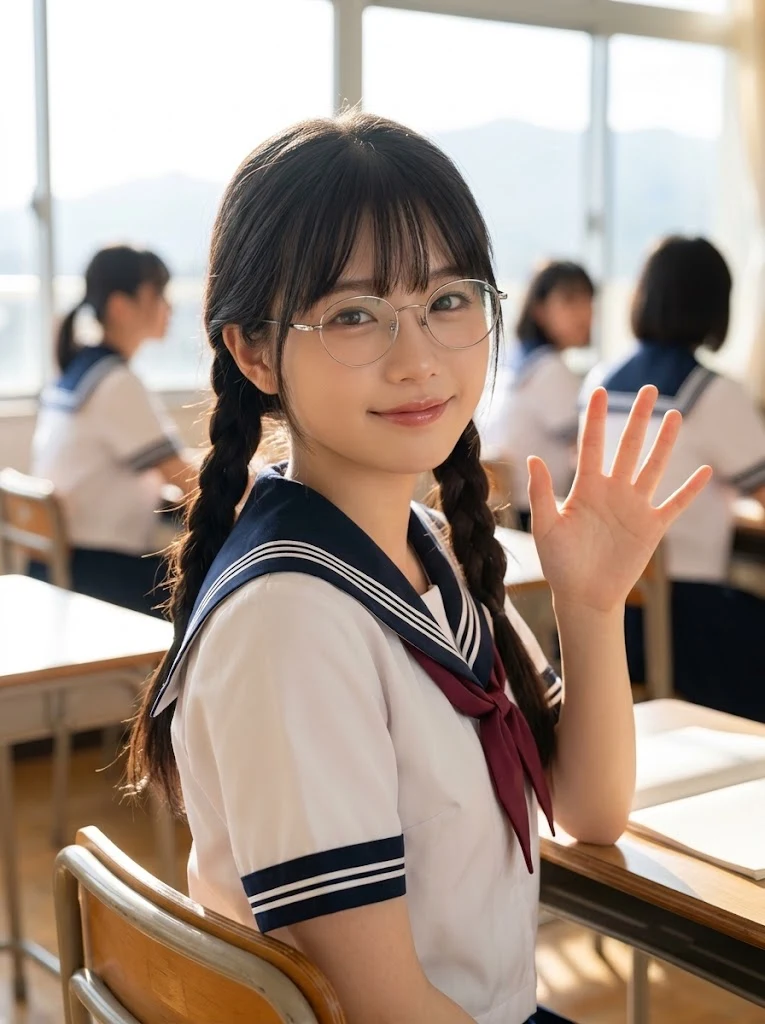 Japanese schoolgirl portrait waving at desk image 1