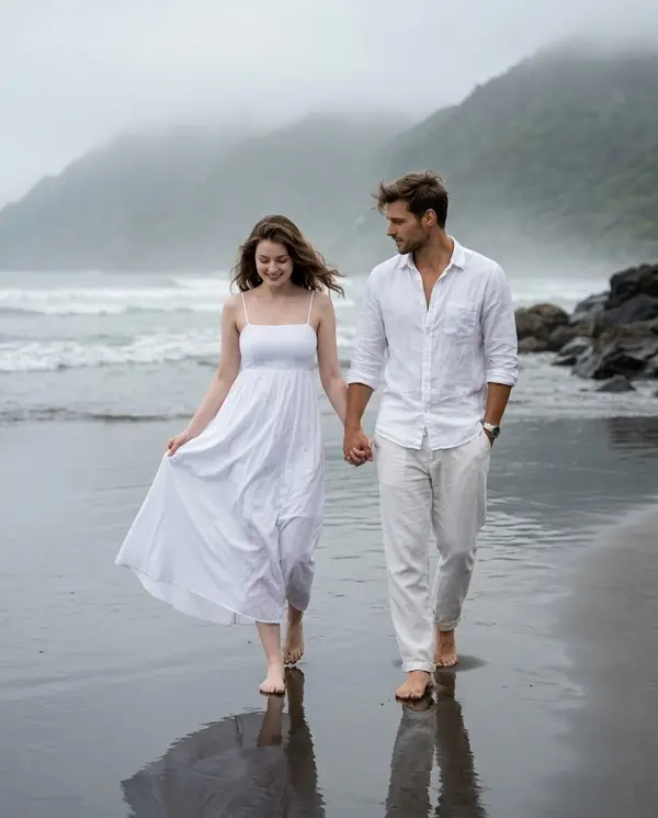 Romantic couple beach photoshoot overcast moody