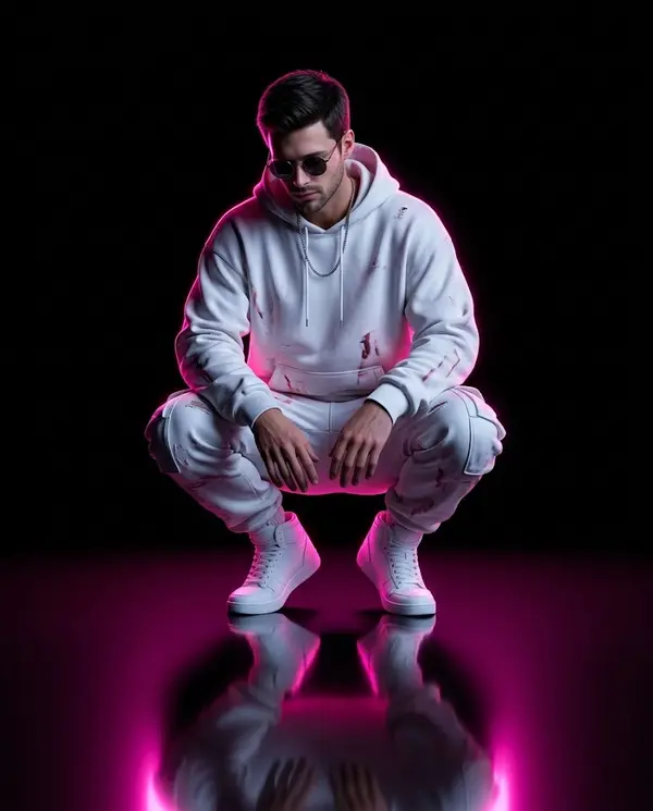 Neon-lit streetwear portrait with reflective floor