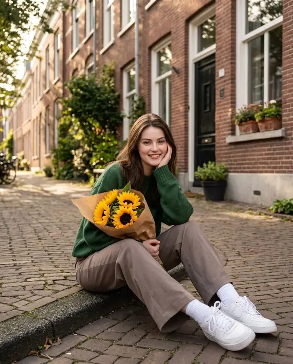 Casual European Portrait with Sunflowers Golden Hour