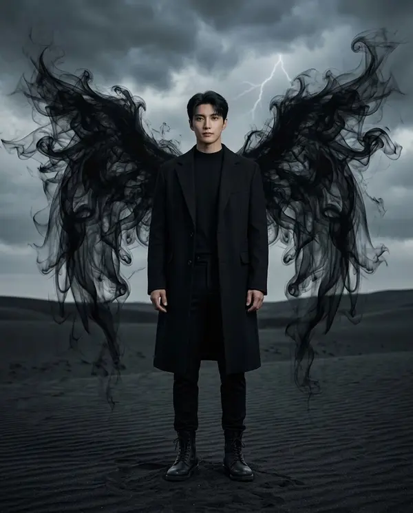 Dark Fantasy Man with Smoke Wings Desert