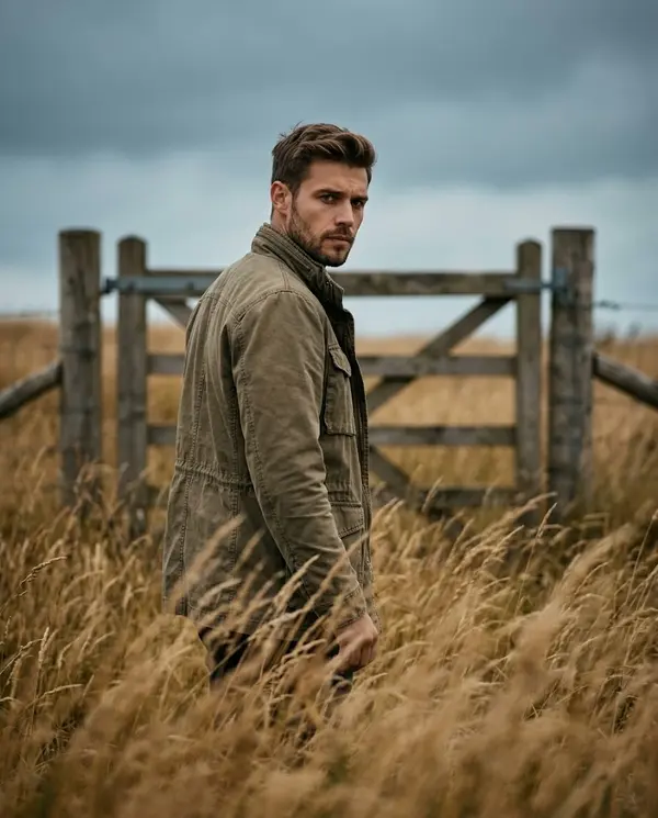Rugged cinematic portrait in windswept grass