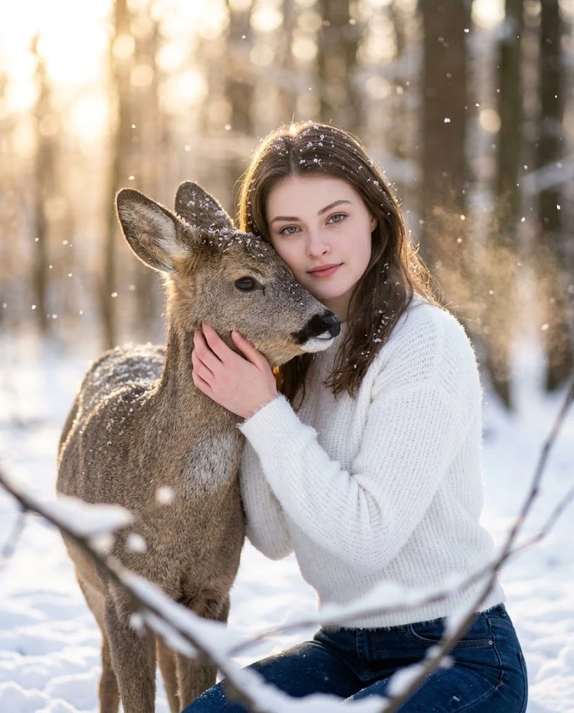 Woman and Fawn in Snowy Forest Portrait image 1