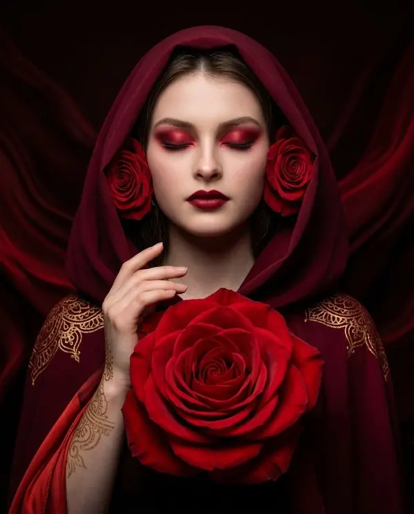 Young Woman in Crimson Cloak with Rose