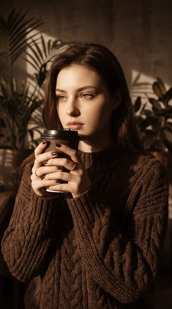 Young Woman with Coffee Cup Cinematic Portrait