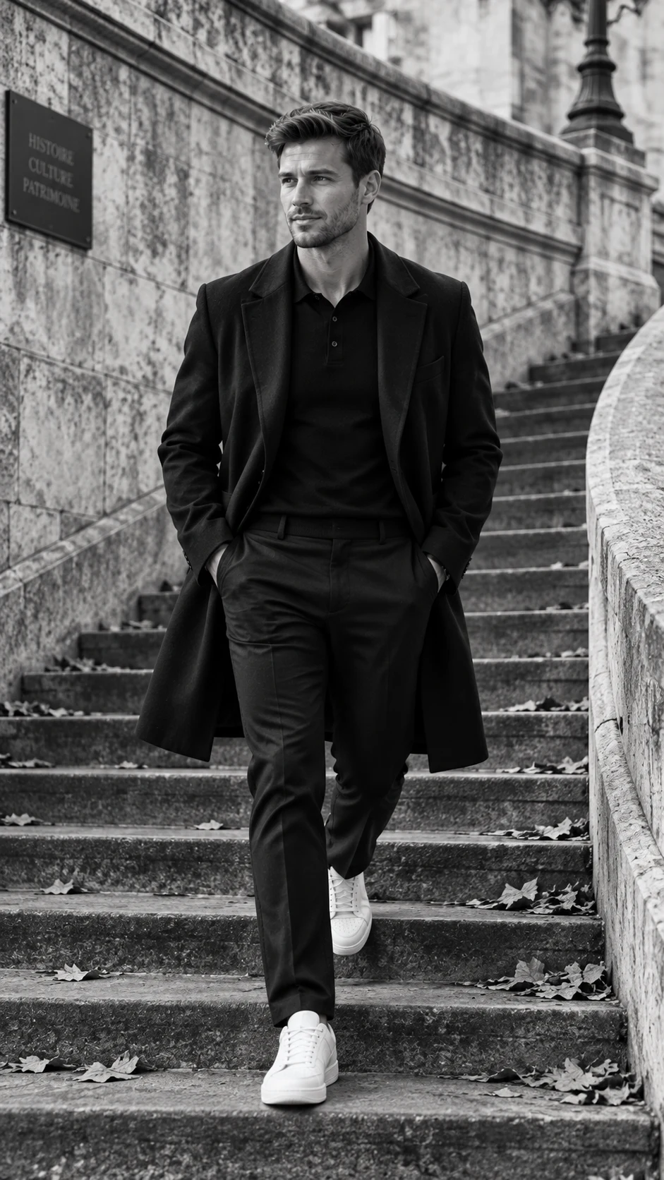 Monochrome fashion editorial man descending stairs image 1