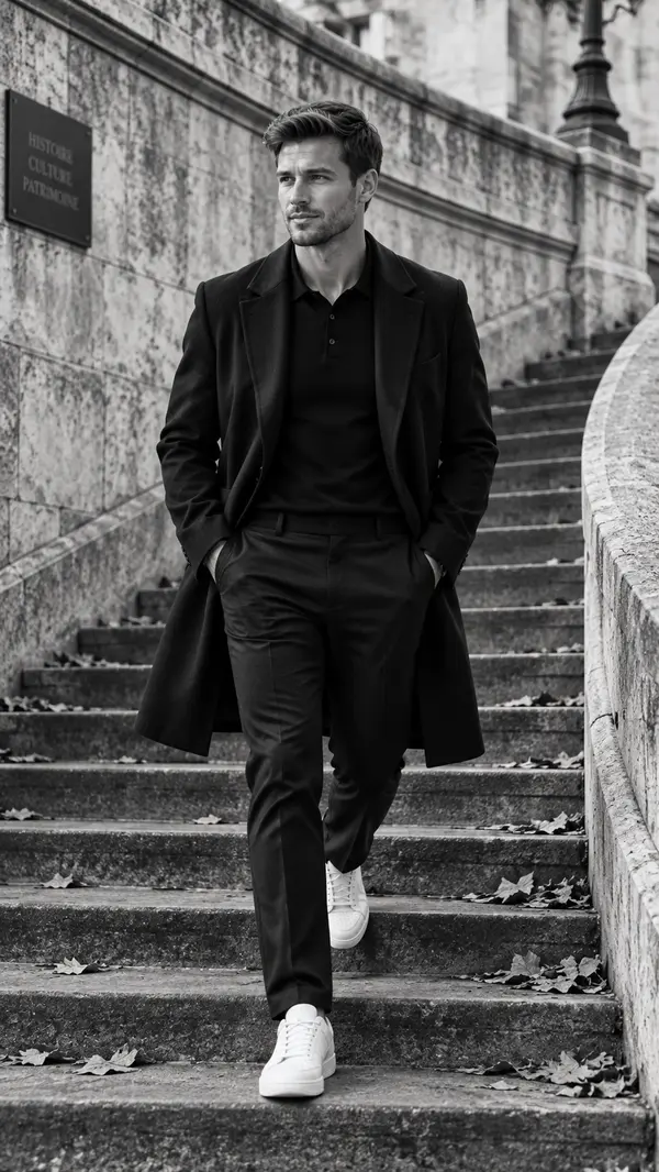 Monochrome fashion editorial man descending stairs