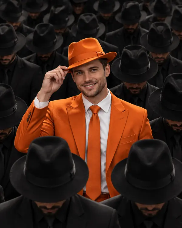 Man in Orange Suit Centered in Dark Crowd