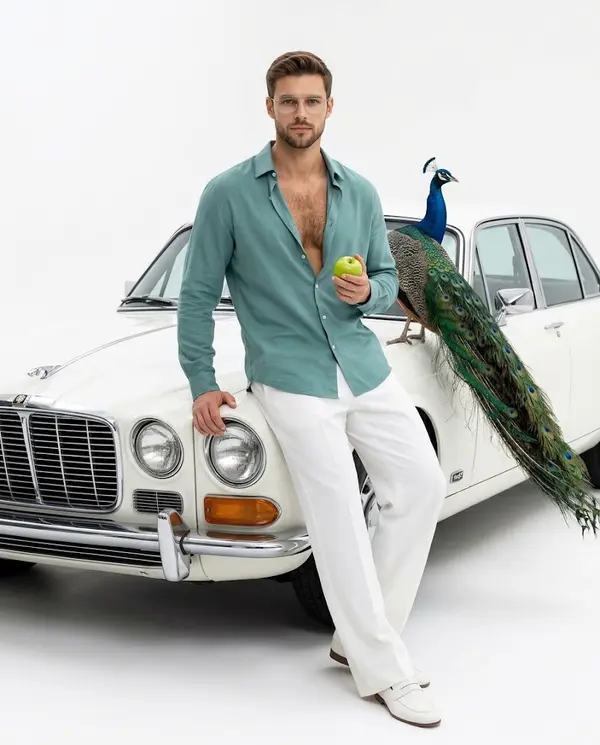 High Fashion Editorial Man with Peacock Vintage Car