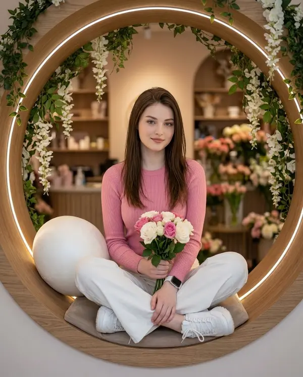 Young Woman Portrait in Floral Cafe Studio