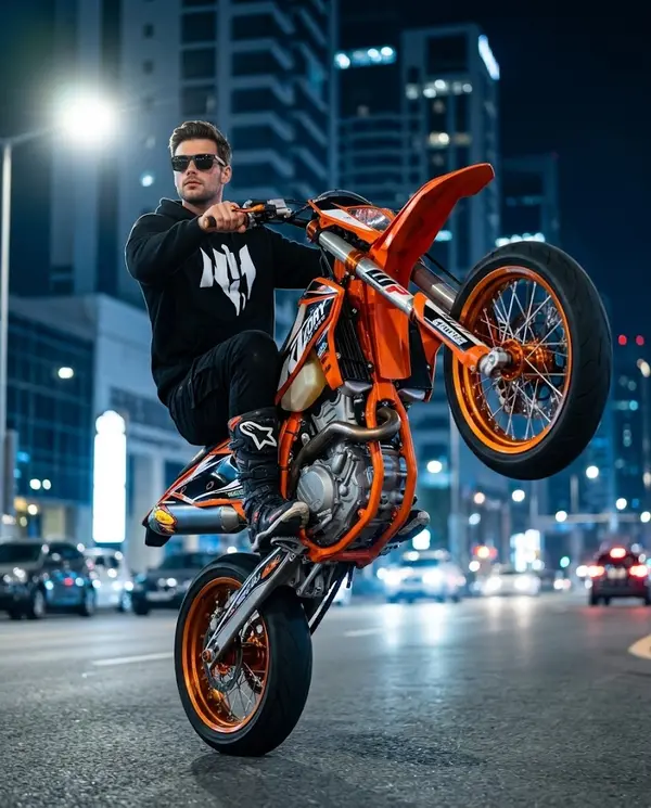 Nighttime Supermoto Wheelie Action Portrait