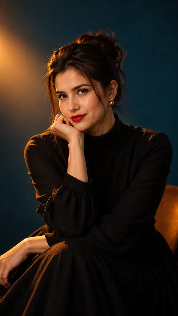 Studio portrait woman black dress teal background