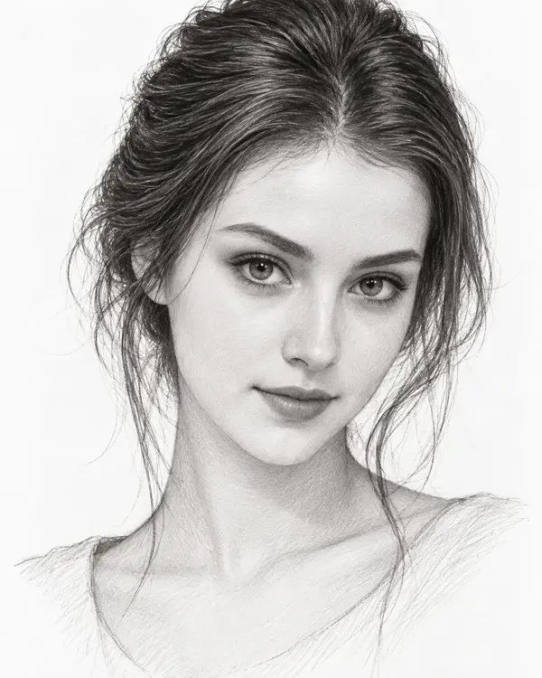 Young Woman Graphite Pencil Line Art Portrait
