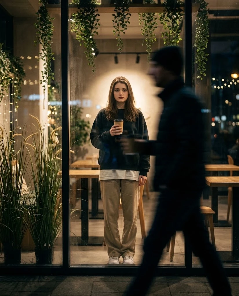 Young Adult in Café Through Glass at Night image 1