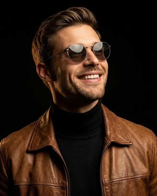 Stylish man studio portrait warm leather jacket