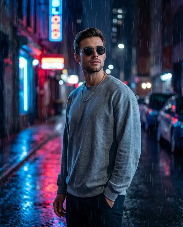 Neon Alley Portrait in Heavy Rain