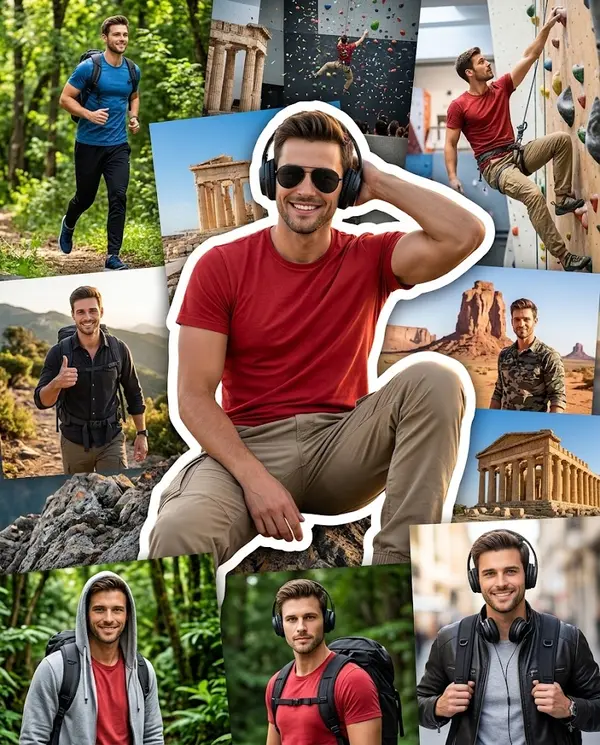 Dynamic lifestyle collage with dominant portrait subject