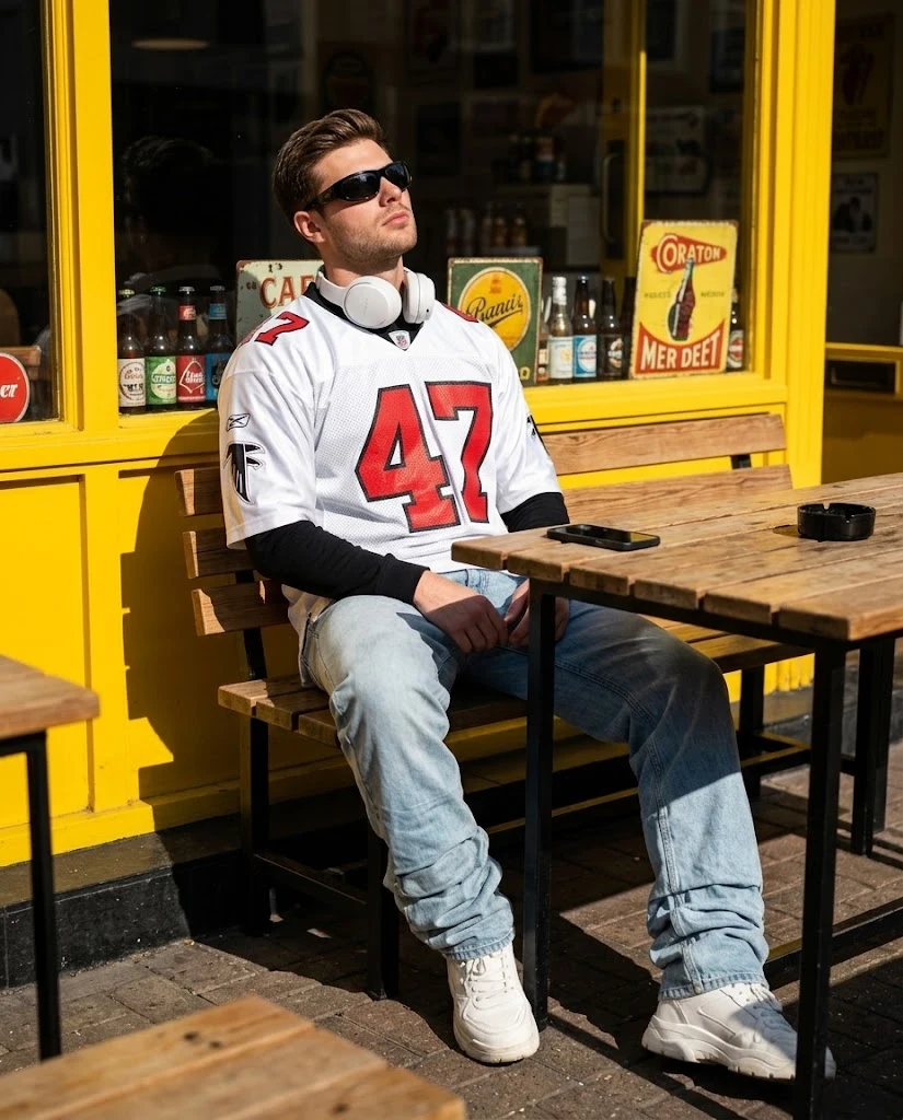 Man in Falcons Jersey on Urban Street image 1