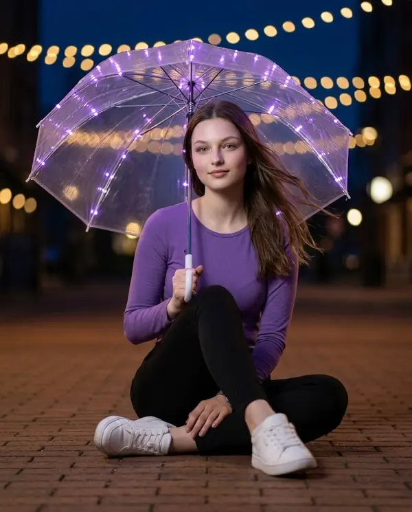 Cinematic night portrait with purple LED umbrella