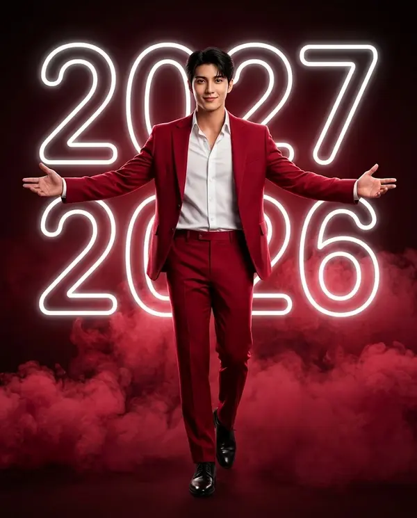 Young Man New Year 2027 Crimson Smoke Portrait