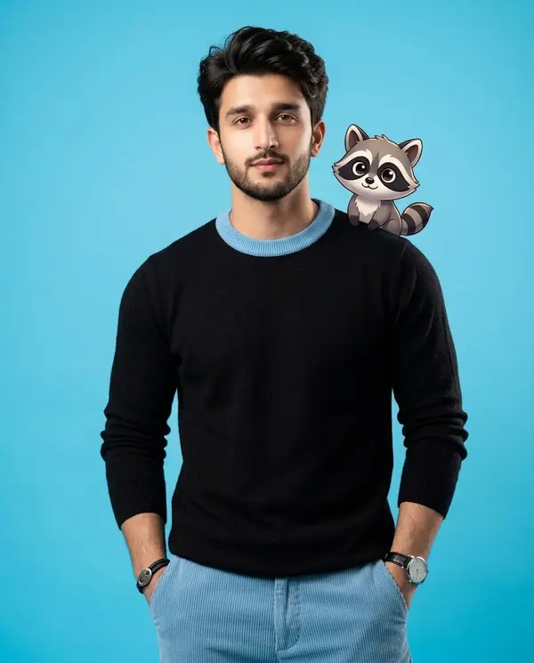 Photorealistic Portrait with Stylized Cartoon Raccoon Companion